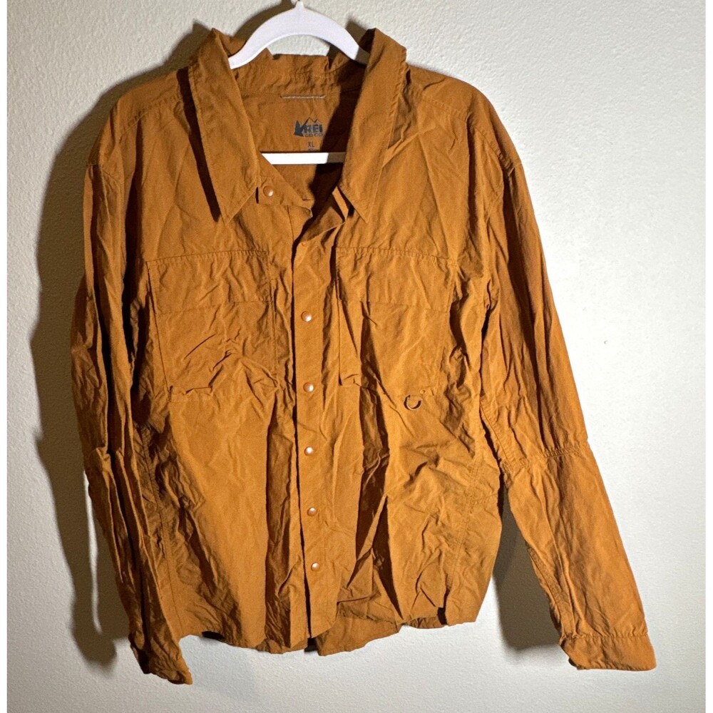 REI Co-op Men’s Button Up Shirt Size XL Brown Solid Woven Nylon Long Sleeve